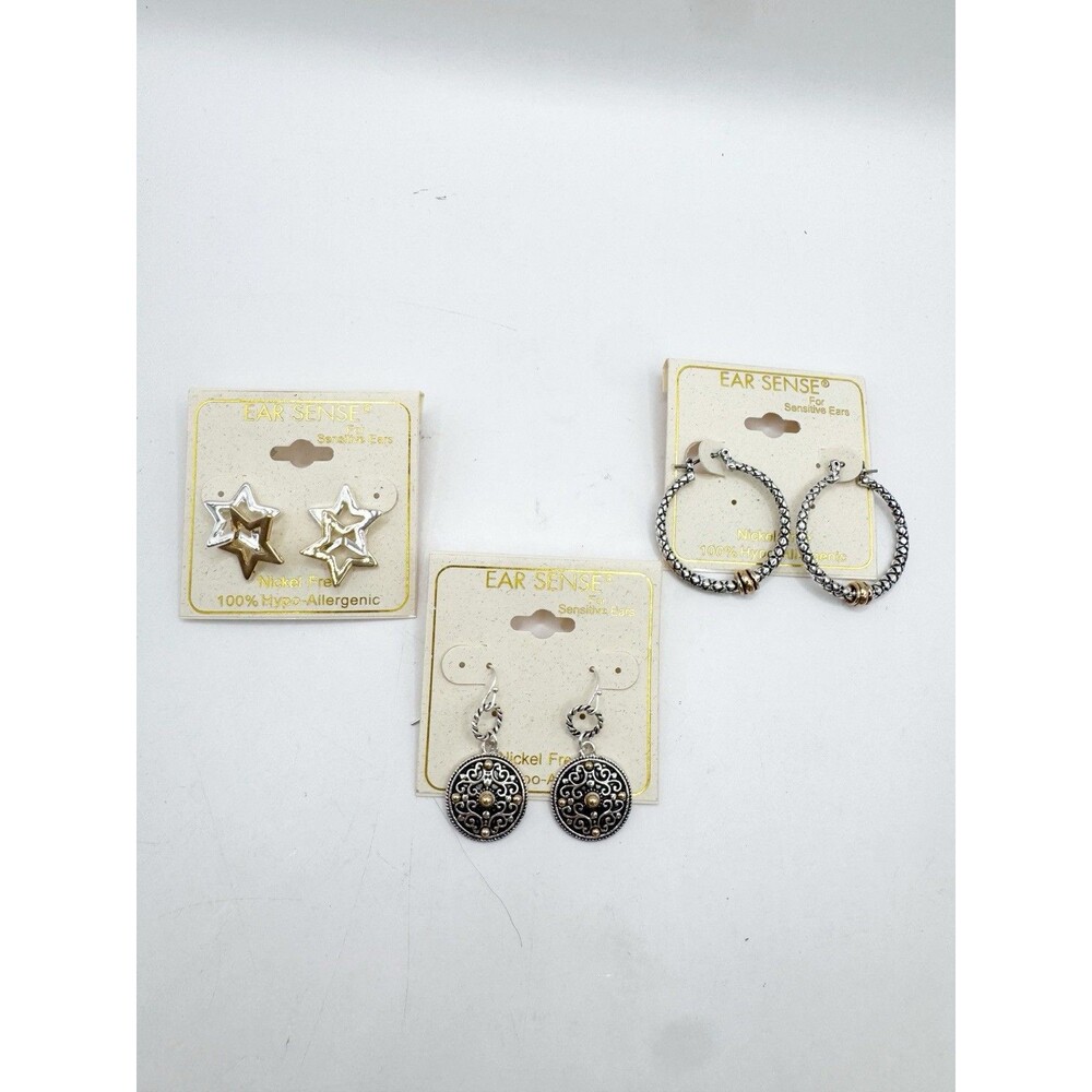 Ear Sense Hypo-allergenic Earrings 3 Pairs Gold Silver Nickel Free New Boho